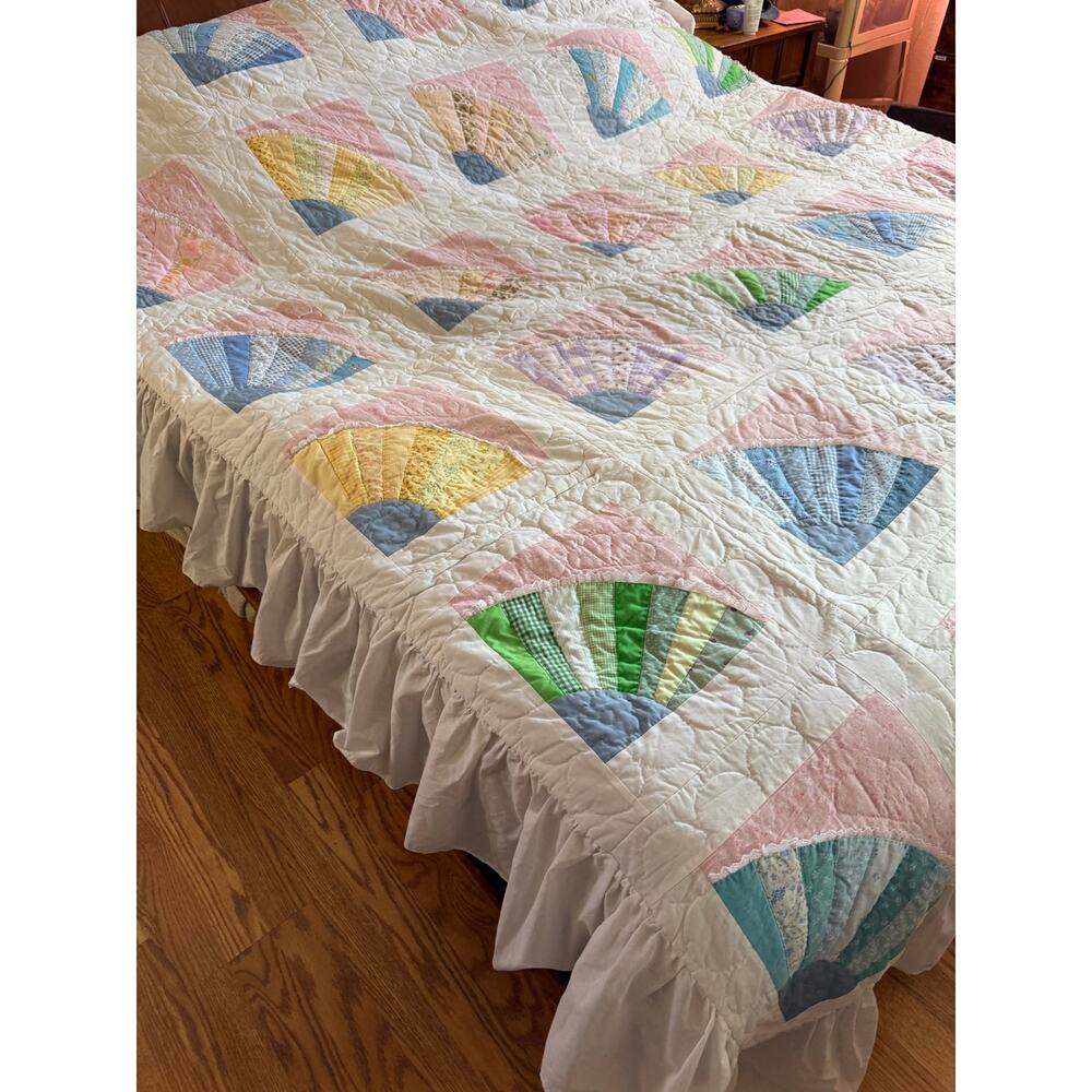 Vintage Grandmother's Fan Quilt Handmade Handstitched Beautiful Pastel Cottage